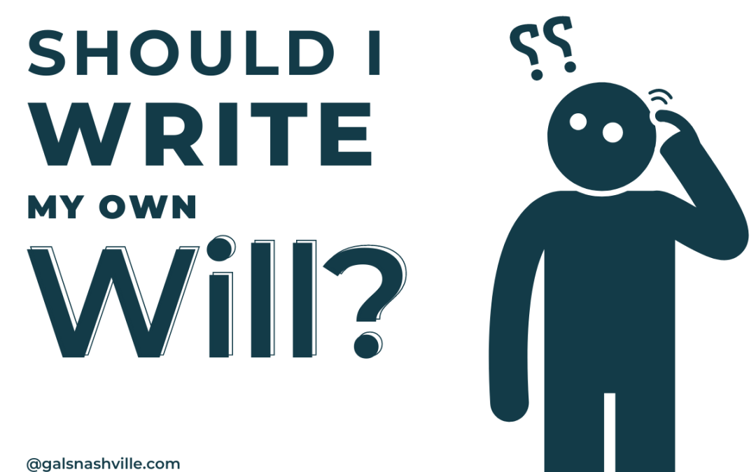 stick figure scratching their head with question marks floating above. the test says "should I write my own will?"