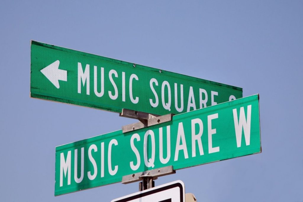 Image of a street sign called Music Square in Nashville Tennessee.