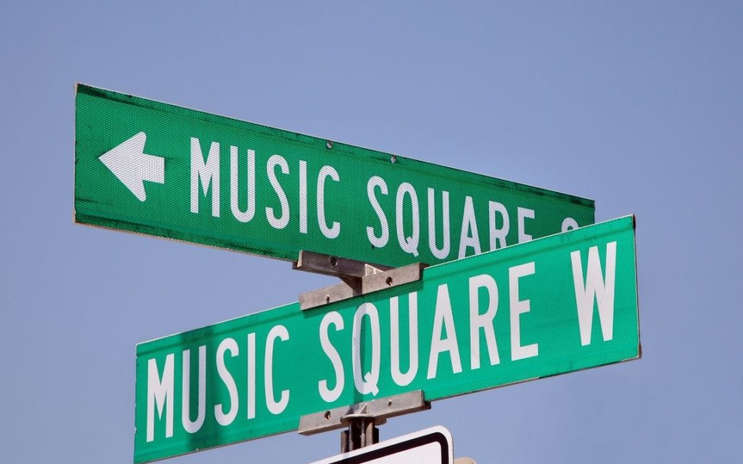 Image of a street sign called Music Square in Nashville Tennessee.