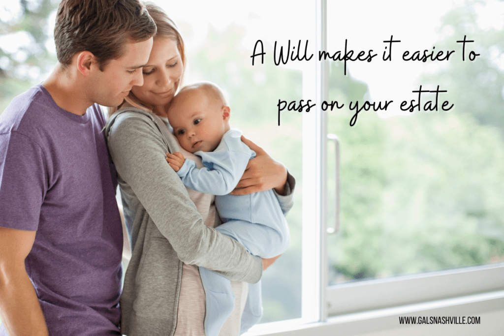 young family holding a baby near a bright window. The caption says "A Will makes it easier to pass on your estate"