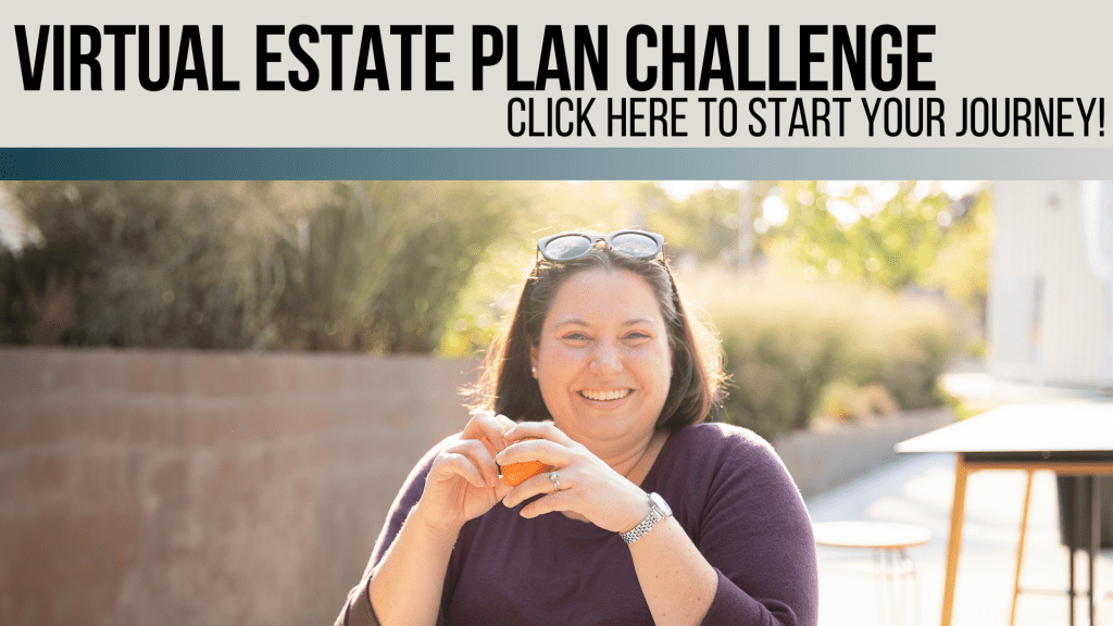 Attorney April Harris Jackson sits outdoors on a sunny day with an orange in her hand. The text says "virtual estate plan challenge" "Click here to start your journey"