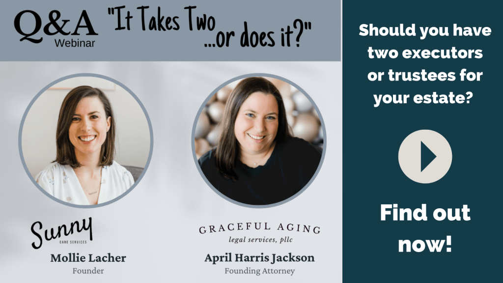 graphic for webinar called "it takes two, or does it?". features an image of Mollie Lacher and Attorney April Harris Jackson