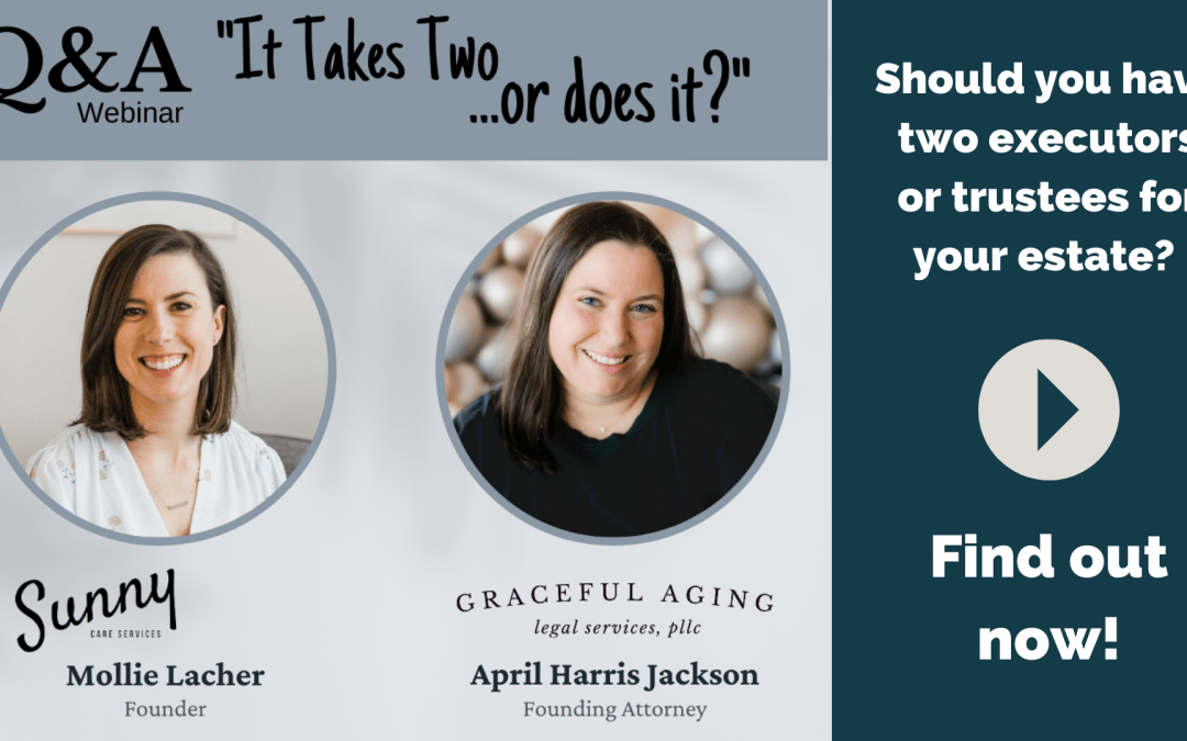 graphic for webinar called "it takes two, or does it?". features an image of Mollie Lacher and Attorney April Harris Jackson