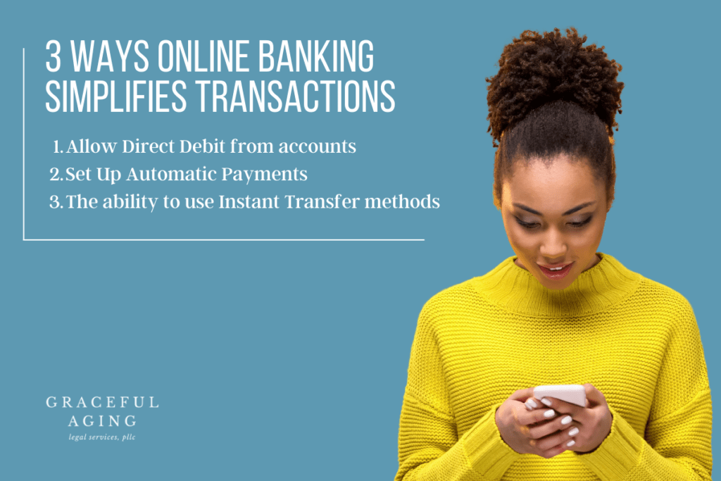 woman wearing a bright yellow sweater holding a smart phone and looking down. The caption says "3 ways online banking simplifies transactions" 1. allow direct debit from accounts 2. set up automatic payments 3. the ability to use instant transfer methods