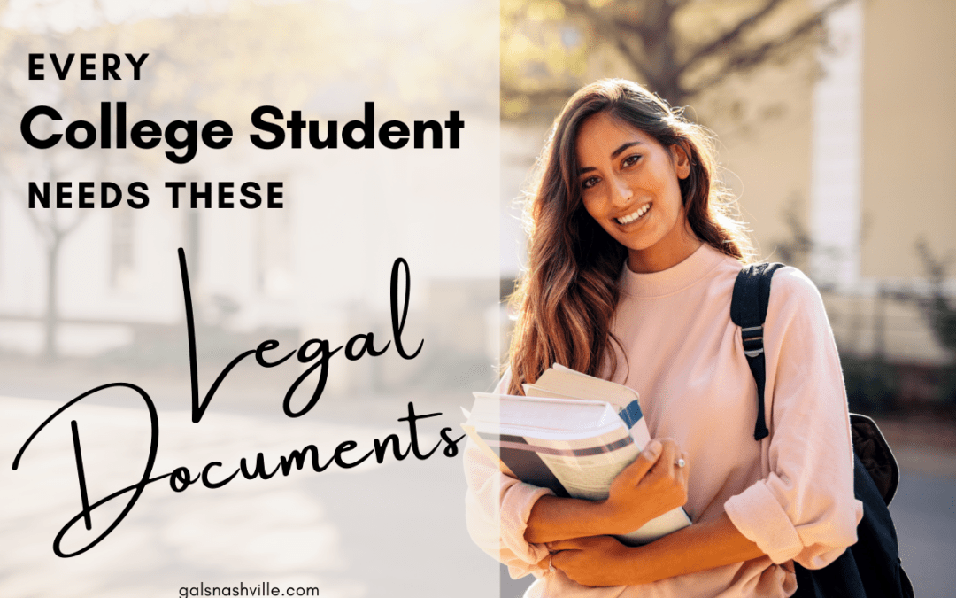 photo of a college student holding books outside of class. The text says "every college student needs these legal documents!"