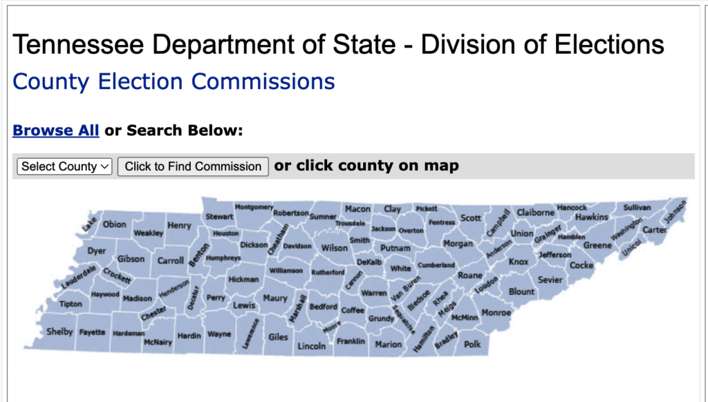 Tennessee Department of State - Division of Elections - County Election Commissions Map. Election commission map by county. Where do I mail my ballot request in Tennessee.